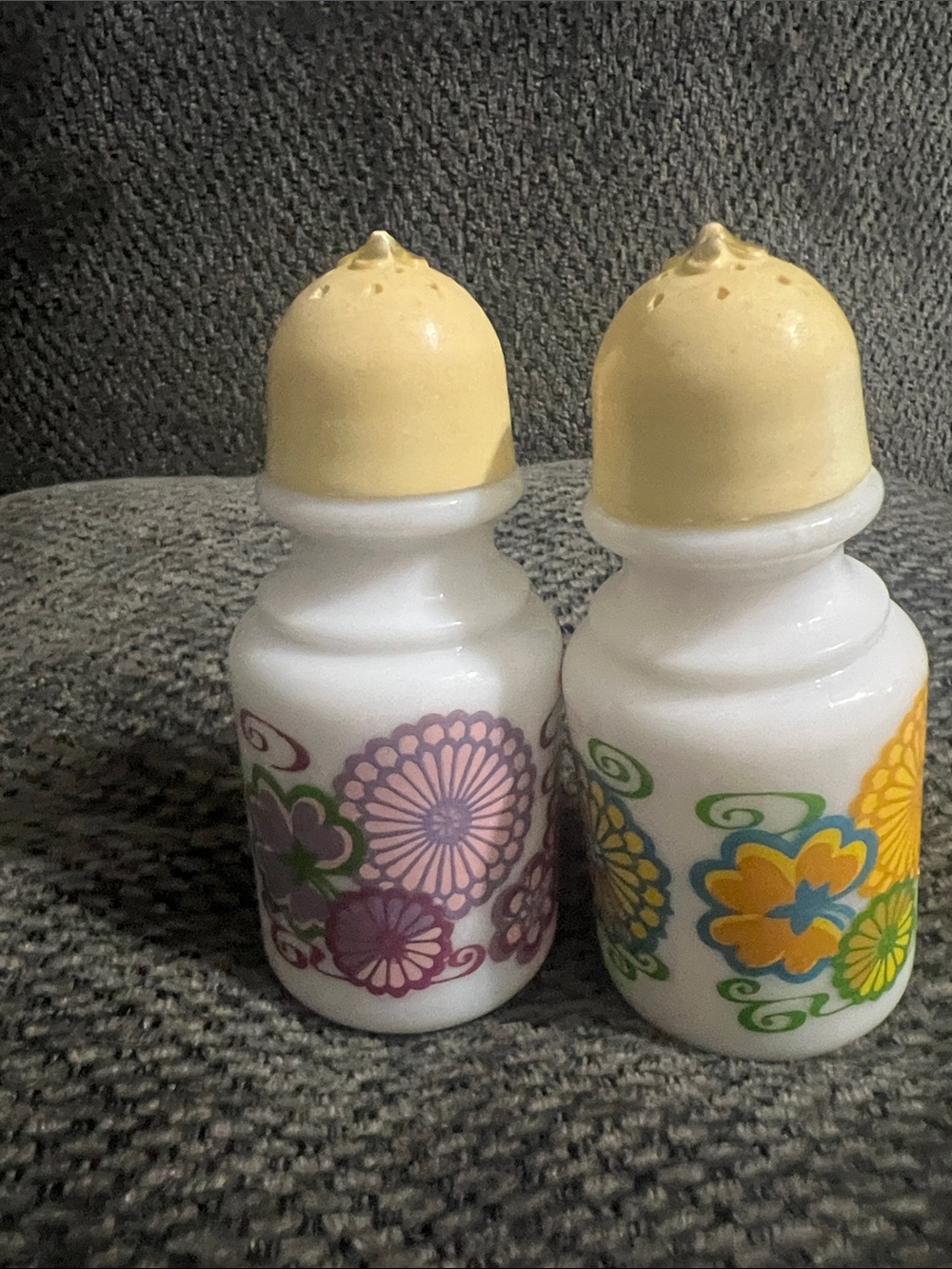 Vintage Avon Floral Milk Glass Salt and Pepper Shakers - Yellow Tops